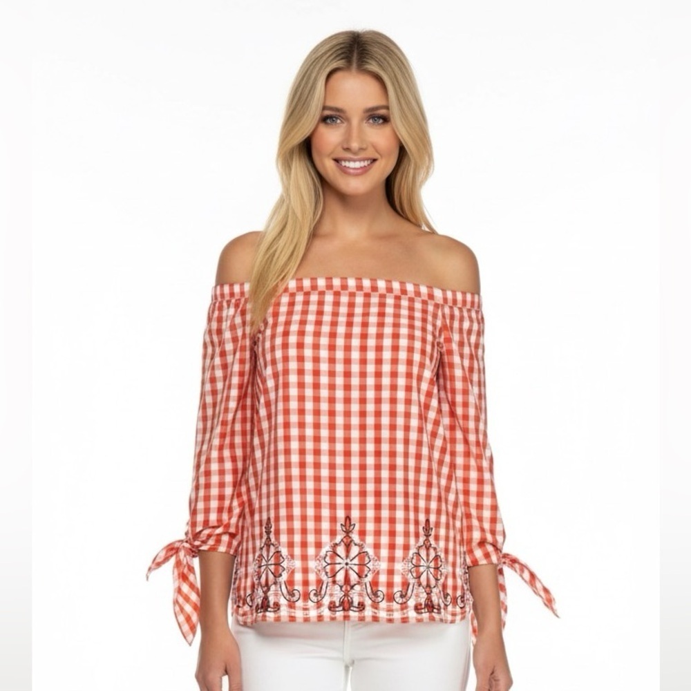 Crown & Ivy petite orange checker off shoulder top